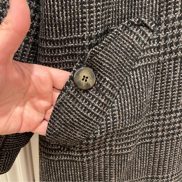 Vtg EDDIE BAUER Wool Glenn Plaid Leather Trim Overcoat Trench Coat MENS XL - Picture 5 of 9